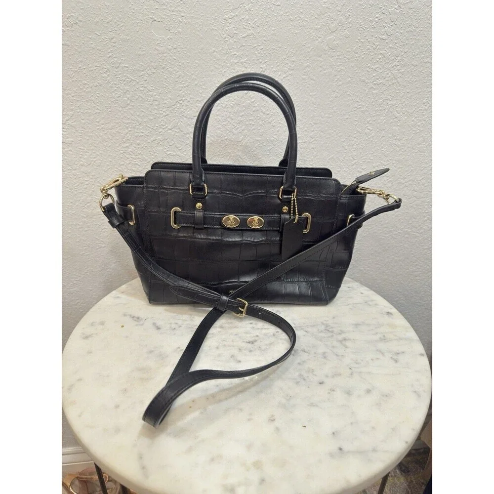 Coach Black Croc Embossed Leather Satchel Shoulder Crossbody Bag - Picture 5 of 11